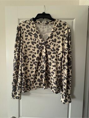 Leopard Print V-Neck Button Cardigan - Black on Cream
